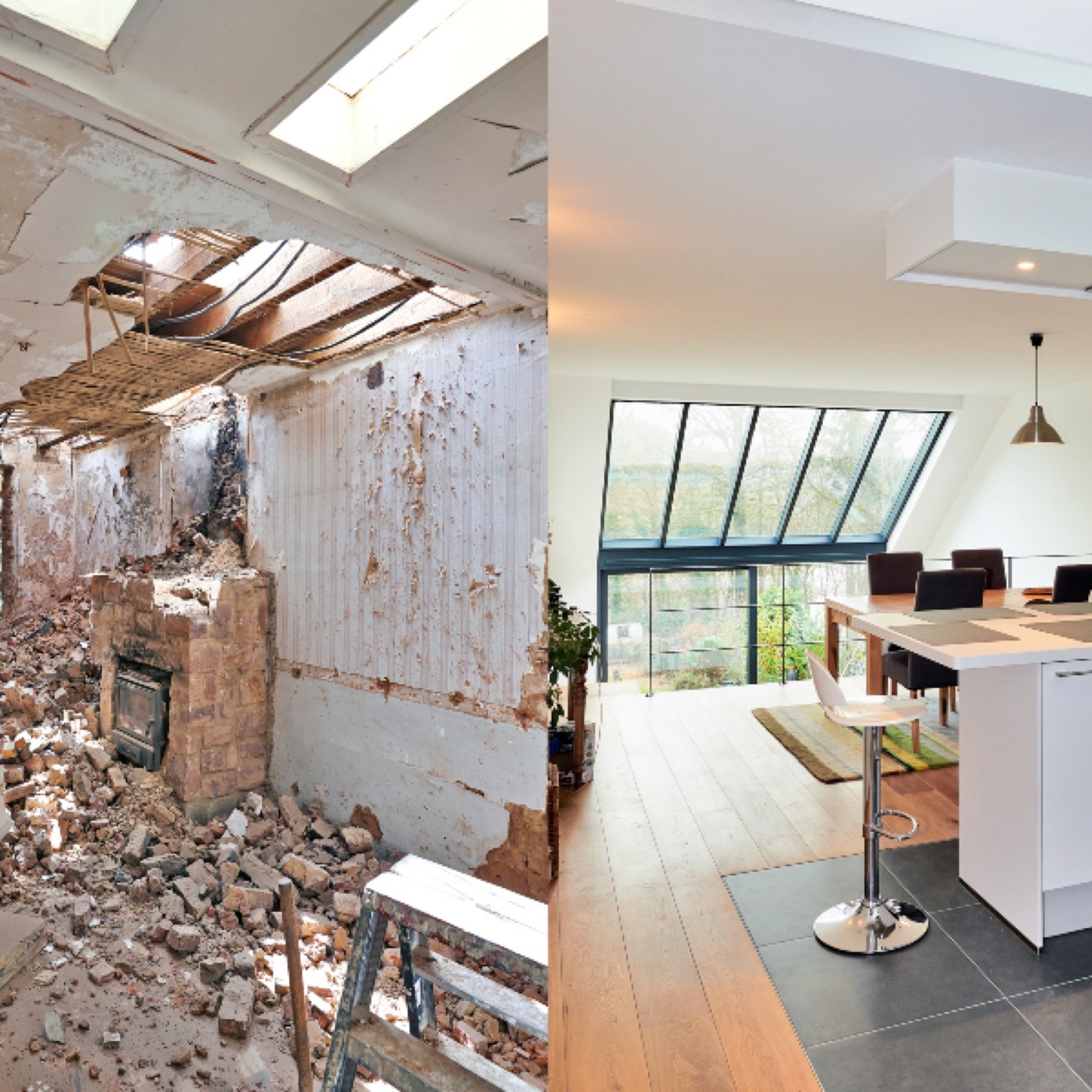 Roof and ceiling exposed after fire damage